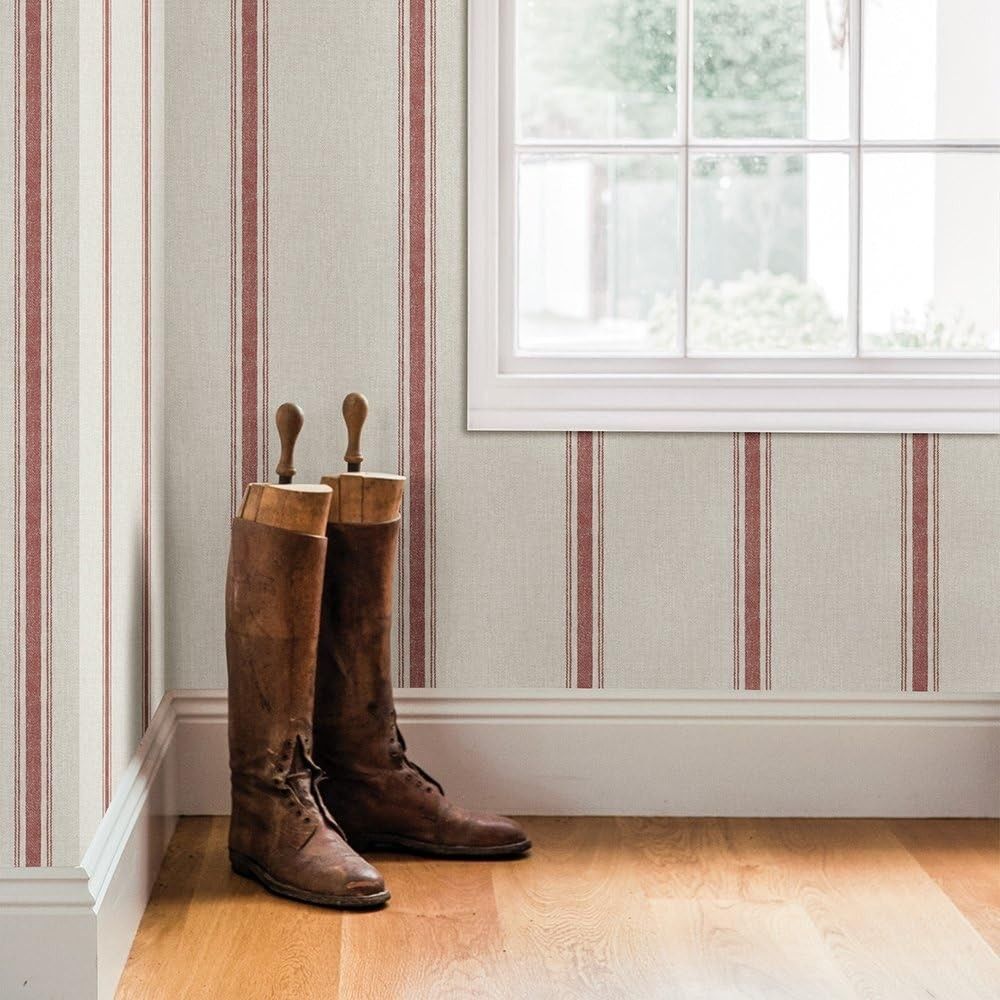 Linette Burnt Sienna Fabric Stripe Paper Pre-Pasted Wallpaper Roll 56.4 Sq. Ft.